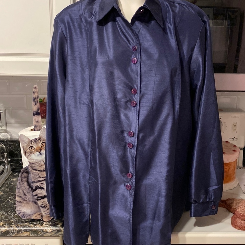 E Maggie Sweet solid blue long sleeve button front plus size blouse 2x  EUC